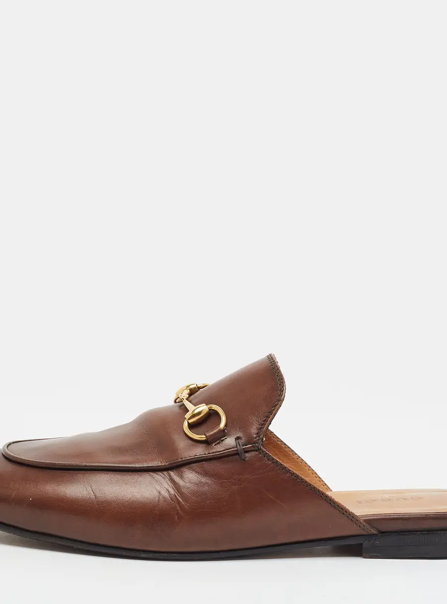 Gucci Princetown Size 37.5 Brown Leather Horsebit Flat Mules