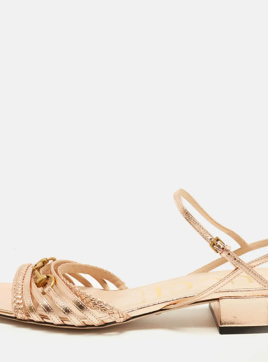 Gucci GG Ketty Size 39 Rose Gold Leather Ankle Strap Sandals