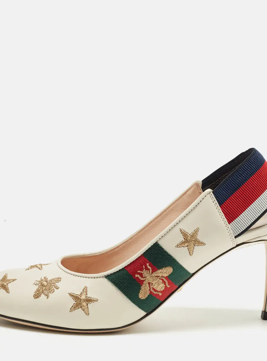 Gucci Sylvie Size 37.5 Cream Leather Slingback Pumps