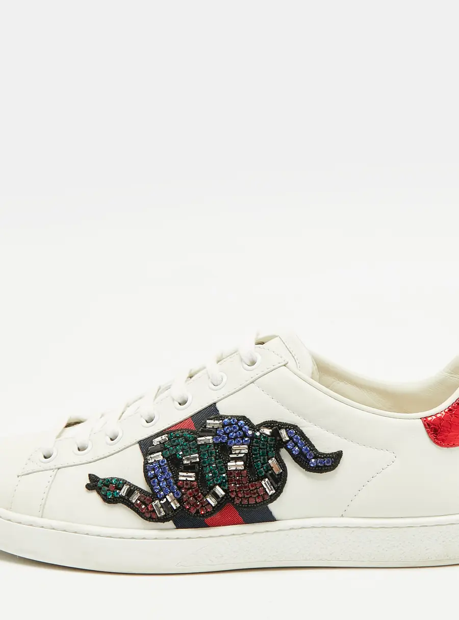 Gucci Ace Size 38.5 White Leather and Python Embossed Web Snake Crystal Embellished Low Top Sneakers