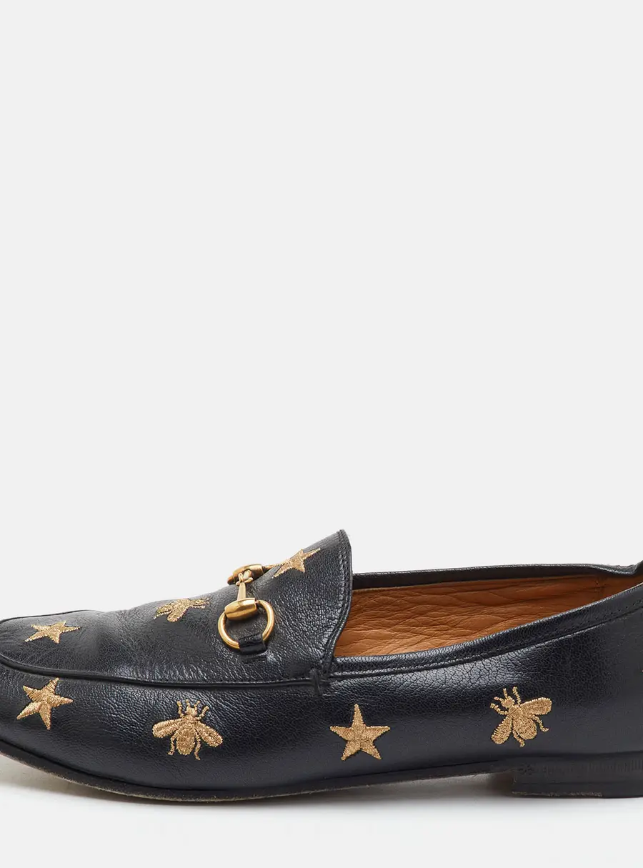 Gucci Horsebit Size 40 Black Leather Embroidered Bee Star Slip On Loafers