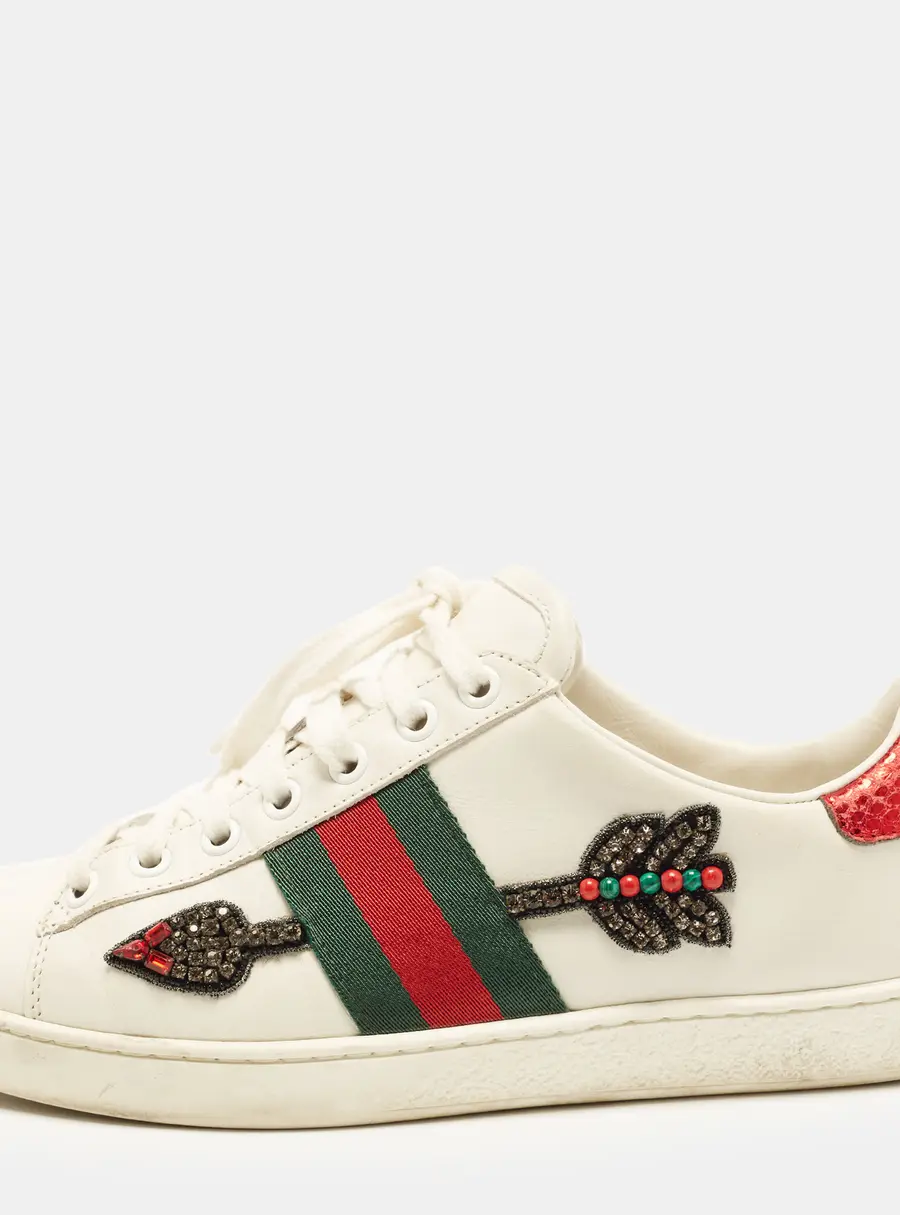 Gucci Ace Size 37 Leather and Python Embossed Web Arrow Crystal Embellished Low Top Sneakers
