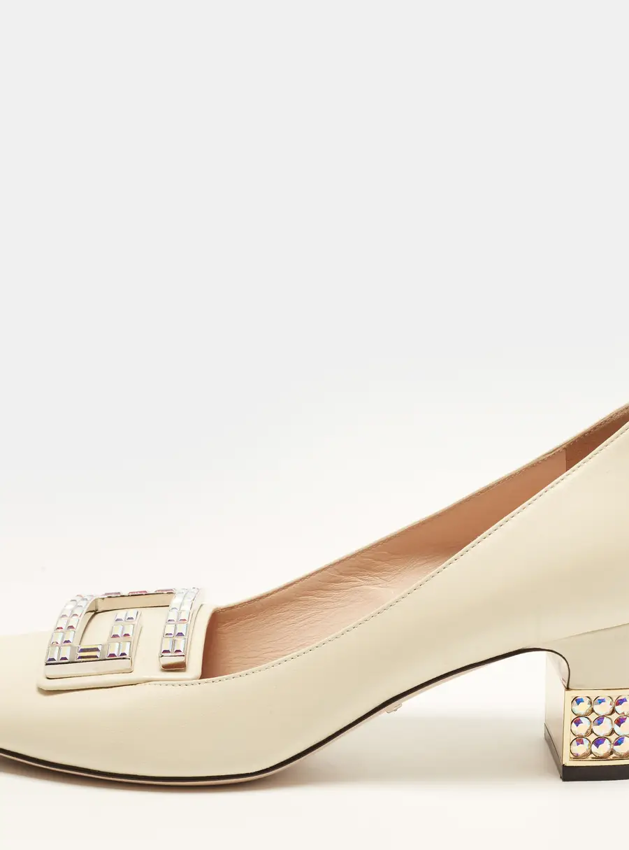 Gucci Malaga Kid Size 38 Cream Leather Block Heel Pumps