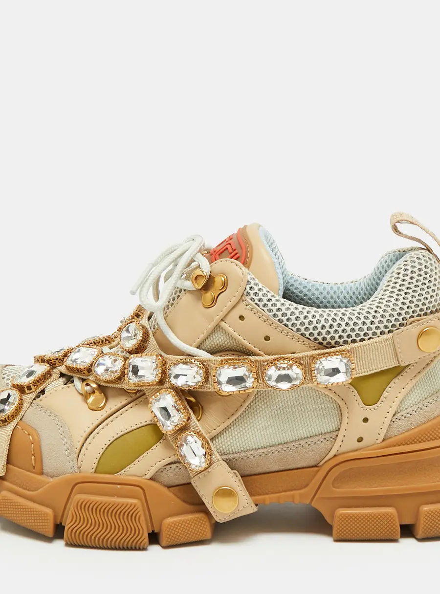 Gucci Flashtrek Size 40 Two Tone Leather and Mesh Removable Crystals Lace Up Sneakers