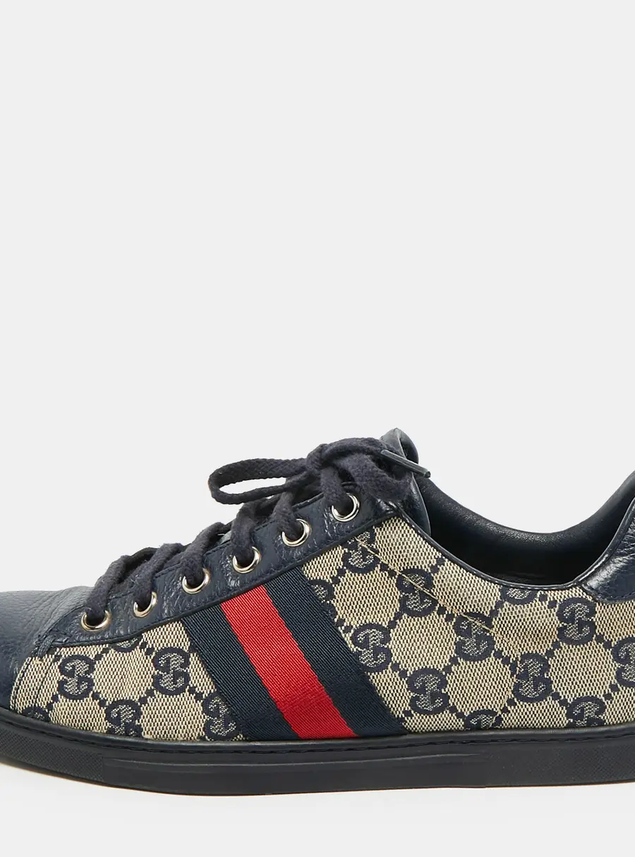 Gucci Ace Size 37 Navy Blue/Beige GG Supreme Canvas and Leather Web Low Top Sneakers