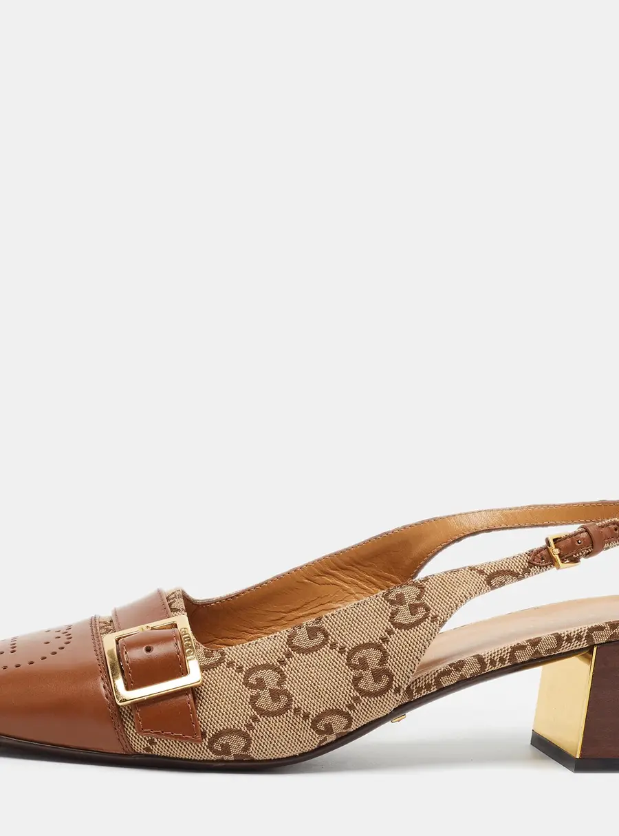 Gucci Size 39.5 Beige Canvas and Leather Slingback Pumps