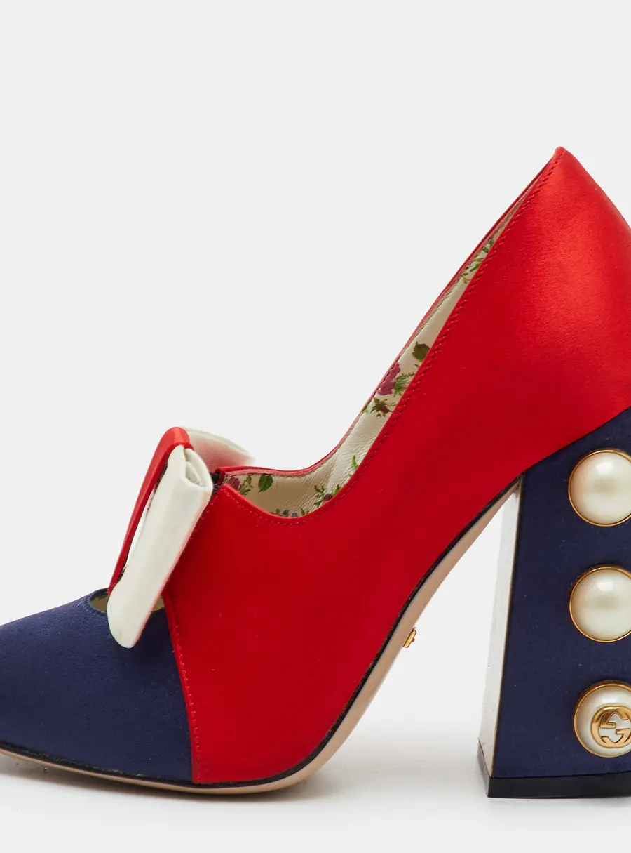 Gucci Luna Size 36 Navy Blue/Red Satin Colorblock Bow Pearl Studded Block Heel Pumps