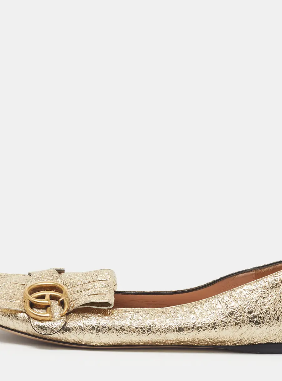 Gucci Marmont Size 38 Gold Foil Fringe Leather Flats