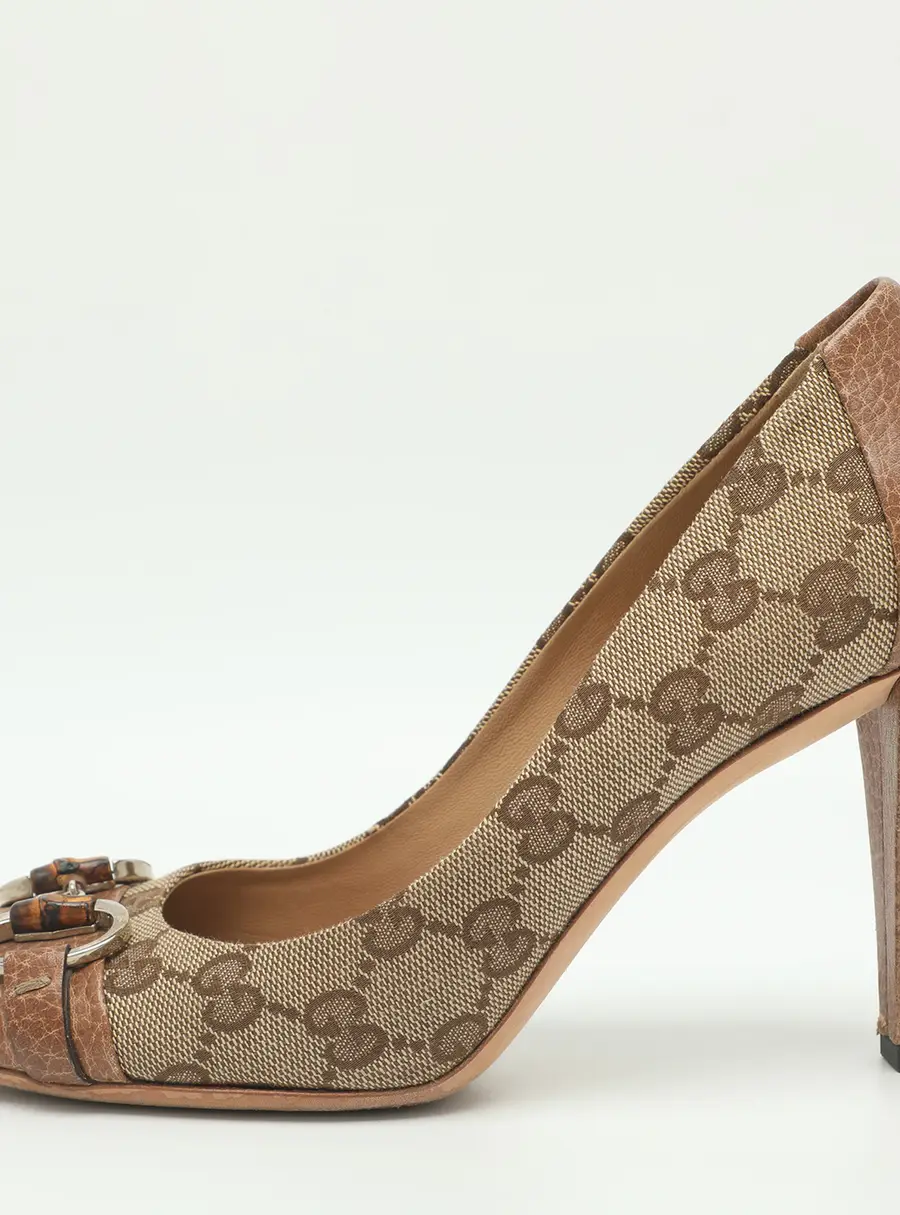 Gucci Horsebit Size 36.5 Beige GG Canvas and Leather Pumps