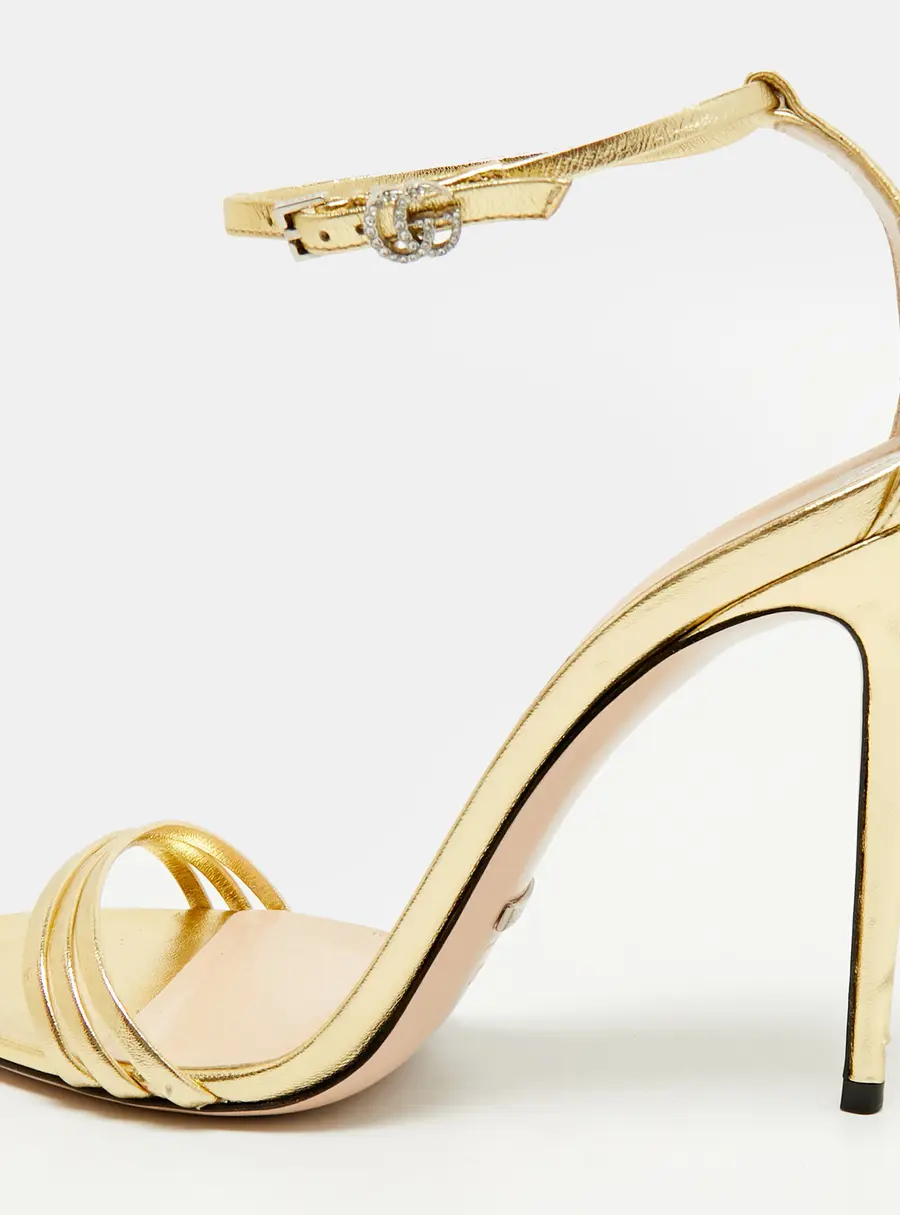 Gucci Ilse Size 39 Gold Leather Strappy Crystal Double G Buckle Sandals