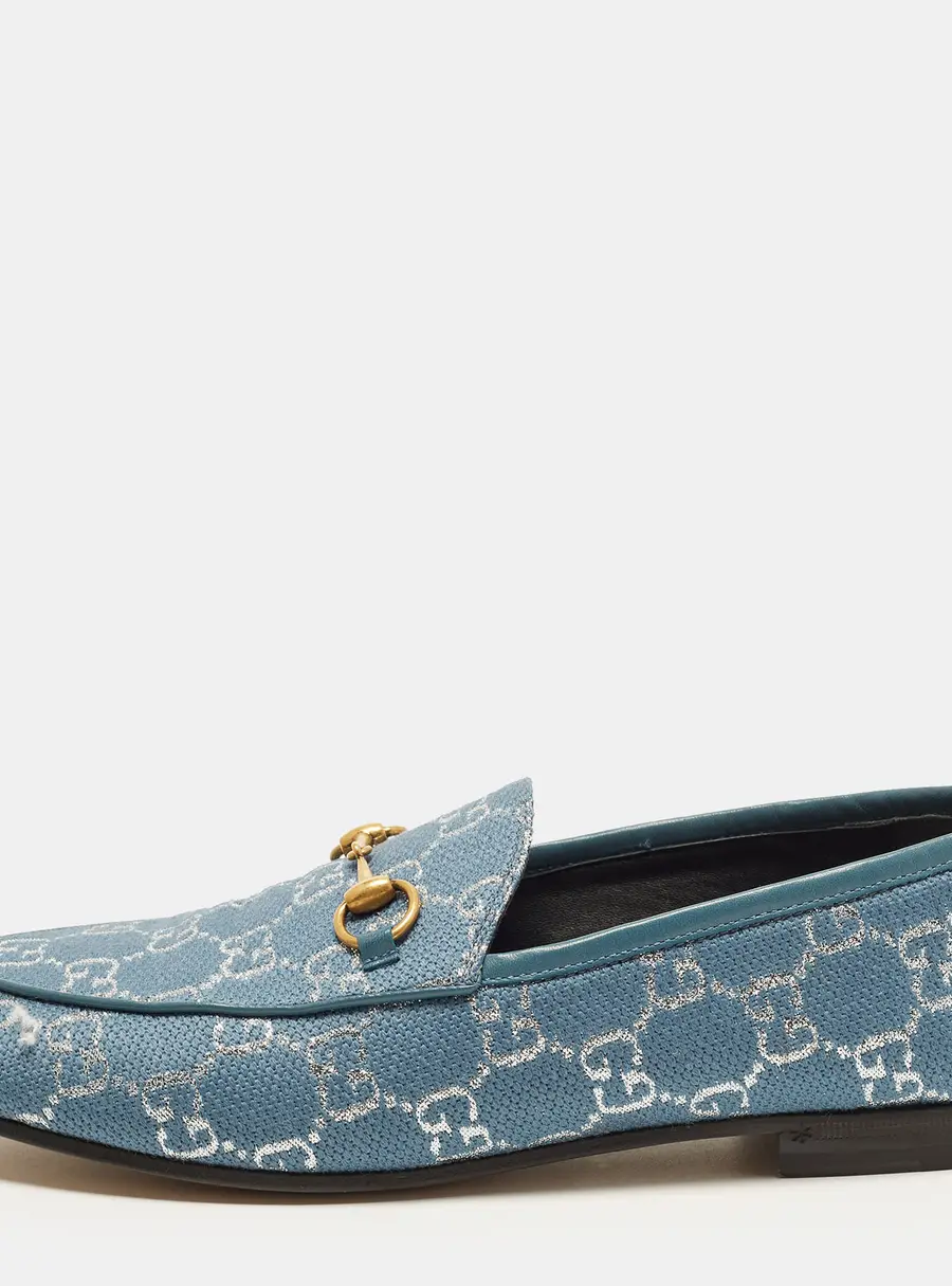 Gucci Jordaan Size 39 Blue GG Jacquard and Leather Loafers
