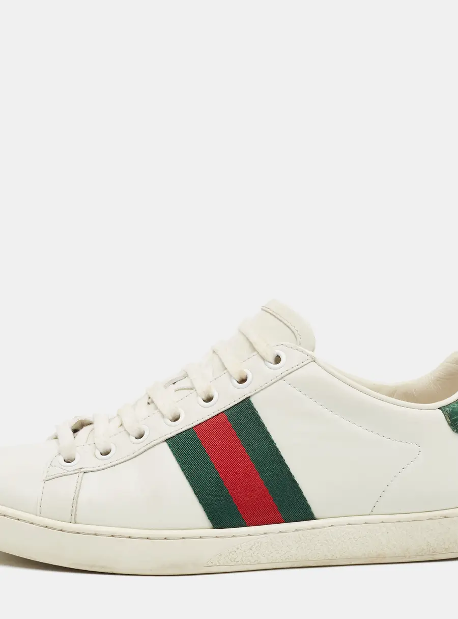 Gucci Ace Size 36.5 White/Green Croc Embossed Leather and Leather Web Low Top Sneakers