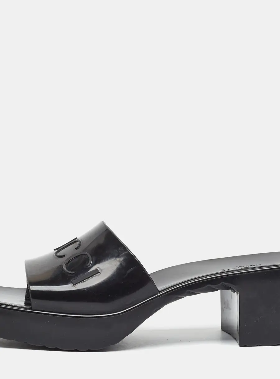 Gucci Logo Size 40 Black Rubber Block Heel Slide Sandals