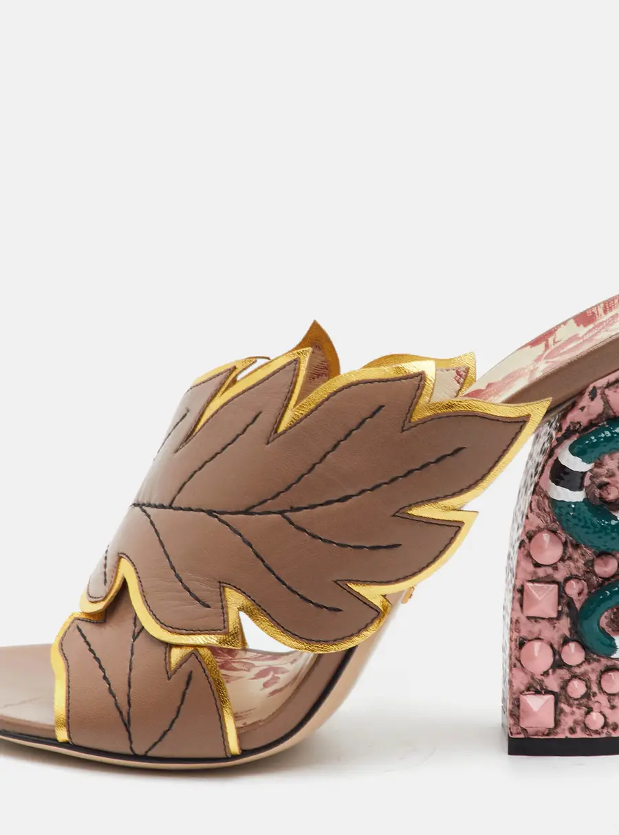 Gucci Size 40 Multicolor Leather Webby Leaf Snake Embellished Slide Sandals
