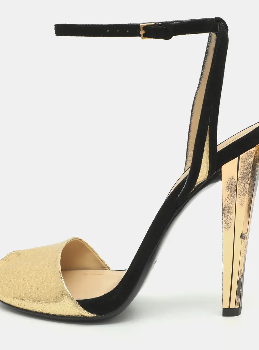 Gucci Delphine Size 38 Gold/Black Crinkled Leather and Suede Ankle Strap Sandals