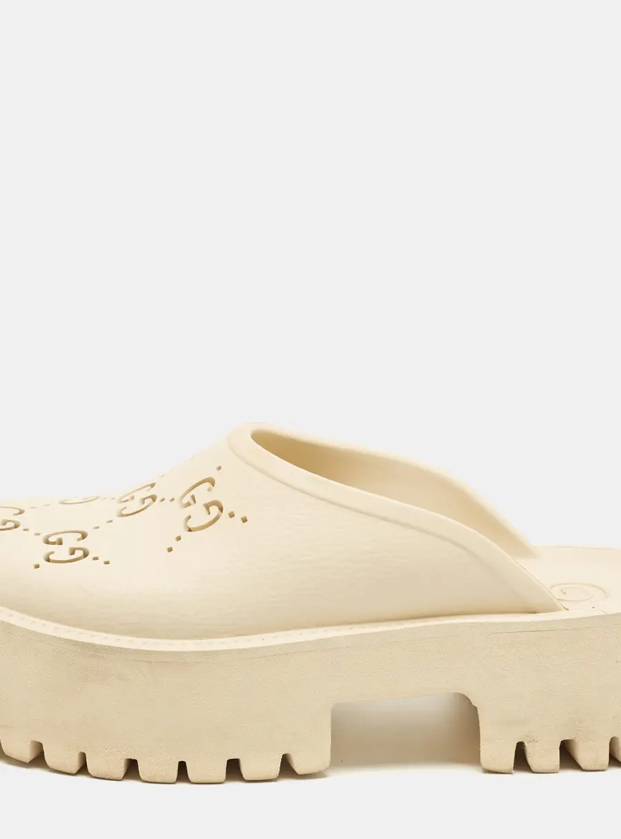 Gucci Elea Size 38 Off White GG Perforated Rubber Platform Mules