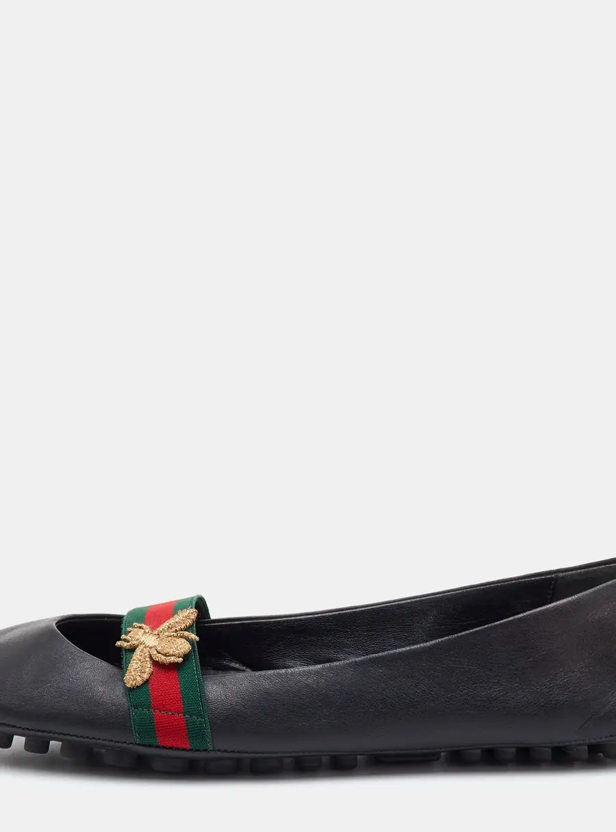 Gucci Bayadere Bee Size 40 Black Leather Web Mary Jane Ballet Flats
