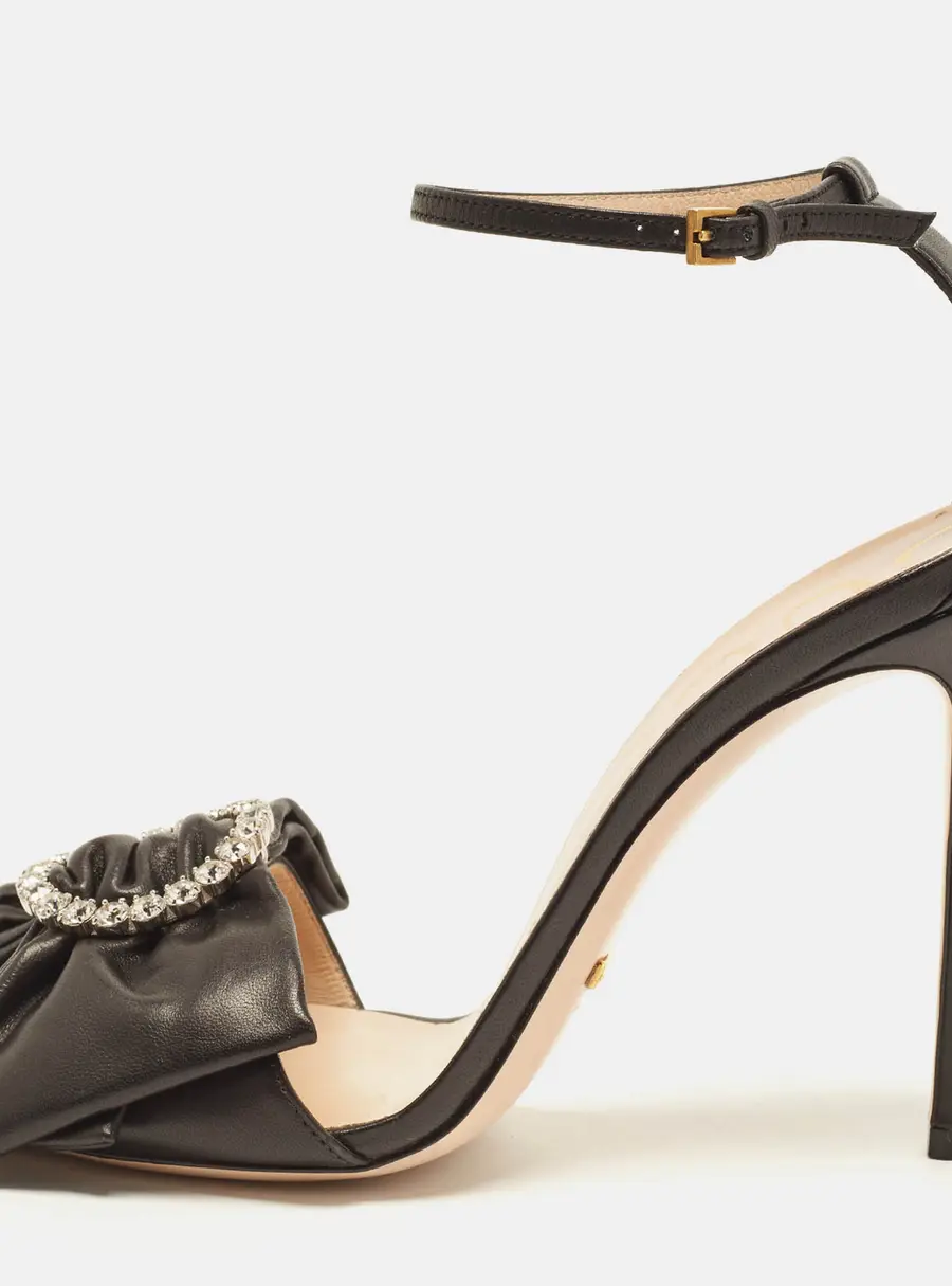 Gucci Charlotte Bow Crystal Embellished Size 39.5 Black Leather Ankle Strap Sandals