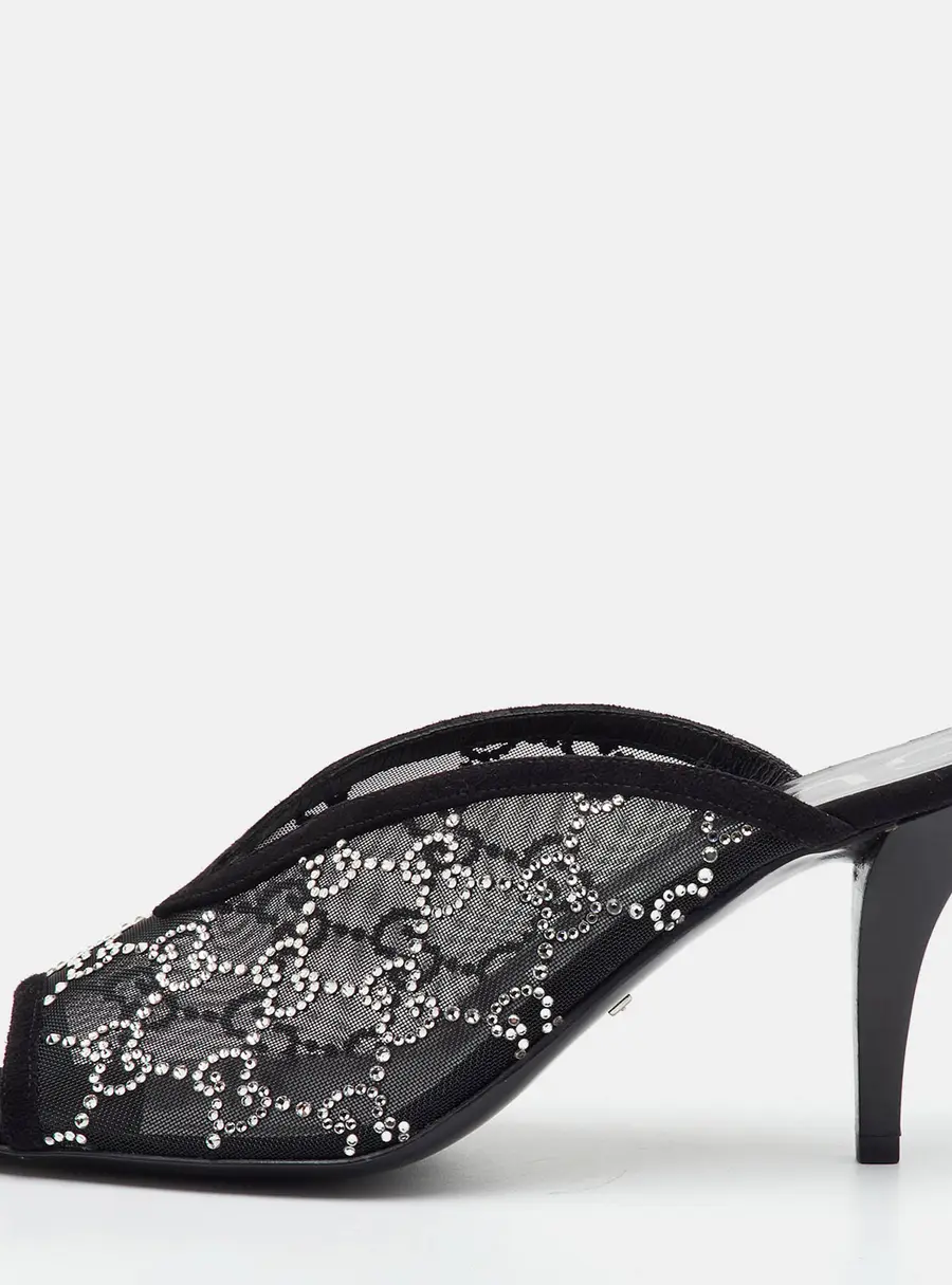 Gucci GG Crystal Embellished Size 38 Black Mesh and Suede Mules