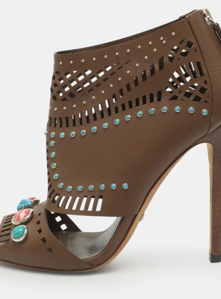 Gucci Lika Embellished Size 38 Brown Laser Cut Leather Booties