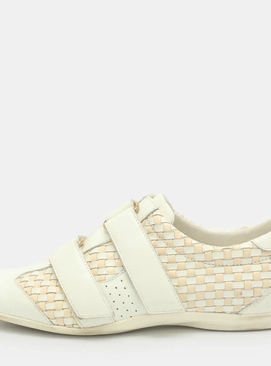 Gucci Size 37 White/Beige Woven Leather Velcro Low Top Sneakers