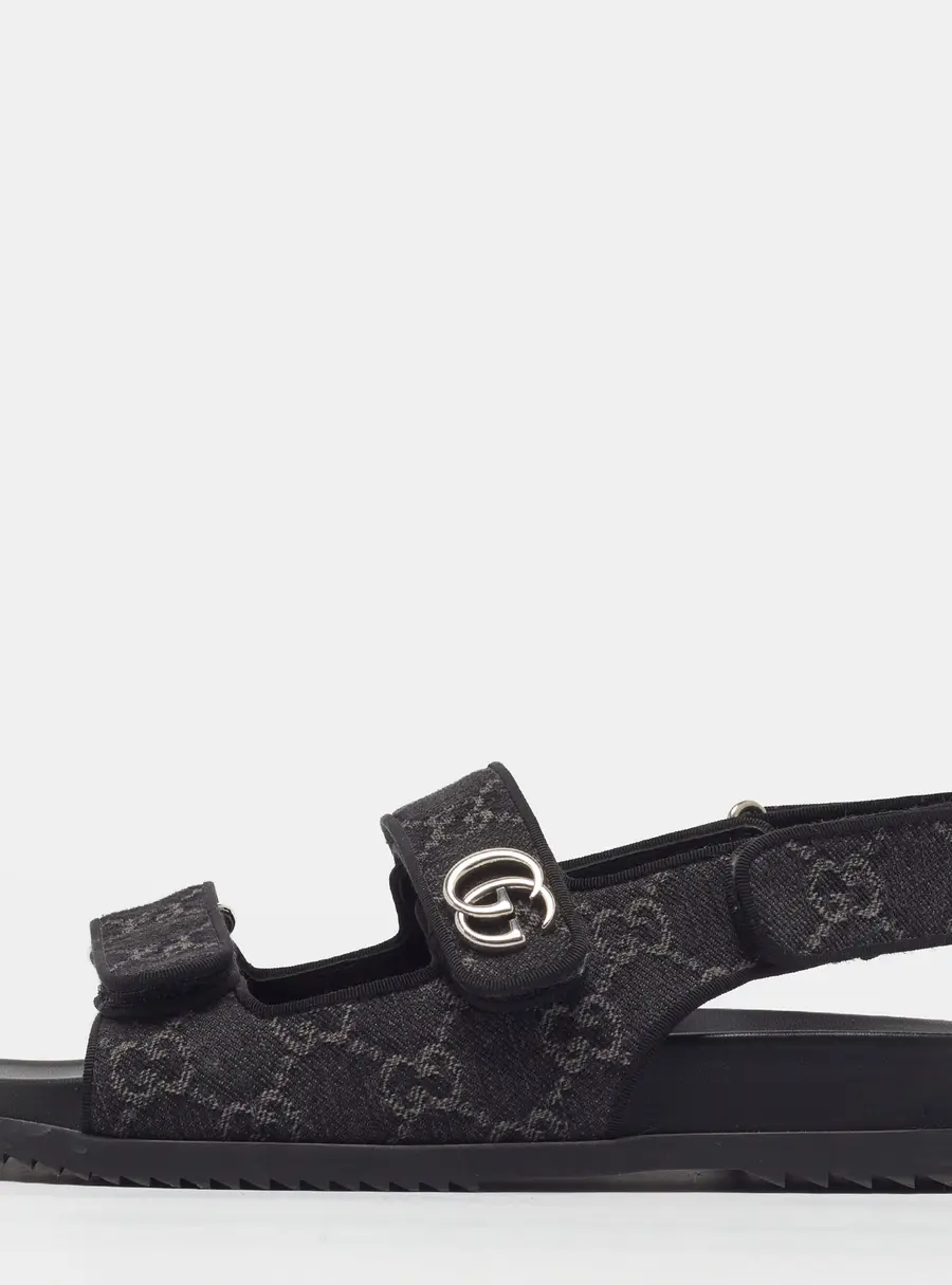 Gucci Double GG Size 39 Black Jacquard Slingback Flat Sandals