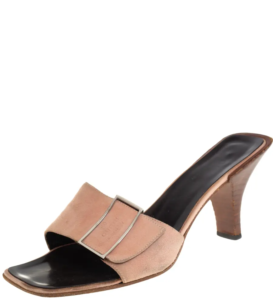 Gucci Pale Pink Suede Vintage Square Toe Slide Sandals Size 37.5