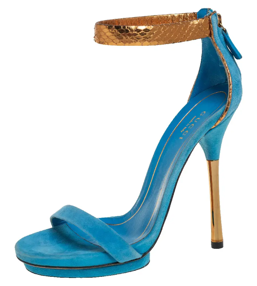 Gucci Blue/Gold Suede and Python Leather Kelis Ankle Strap Platform Sandals Size 36