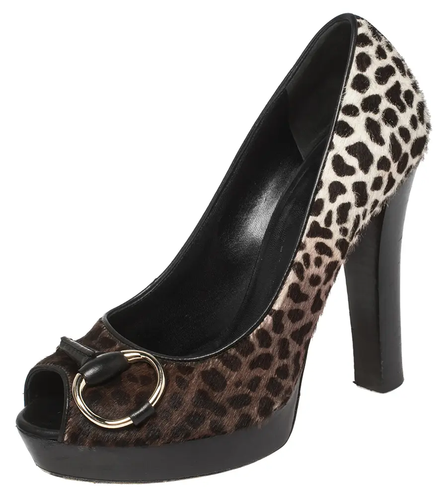 Gucci Brown Leopard Print Pony Hair Icon Bit Peep Toe Pumps Size 35.5
