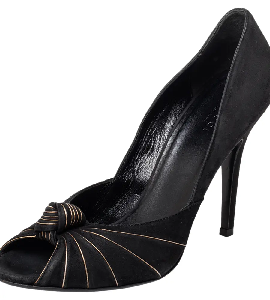 Gucci Black/Gold Suede Knotted Peep Toe Pumps Size 38.5