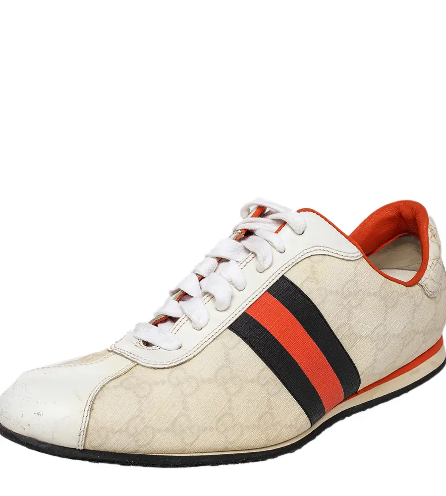 Gucci Size 39.5 White Coated Canvas, Croc Embossed Leather and Leather Low Top Sneakers