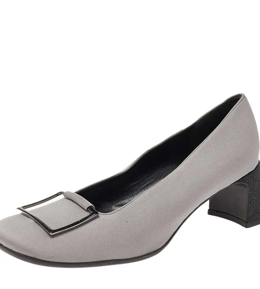 Gucci Grey Fabric Square Toe Metal Trim Block Heel Pumps Size 37.5