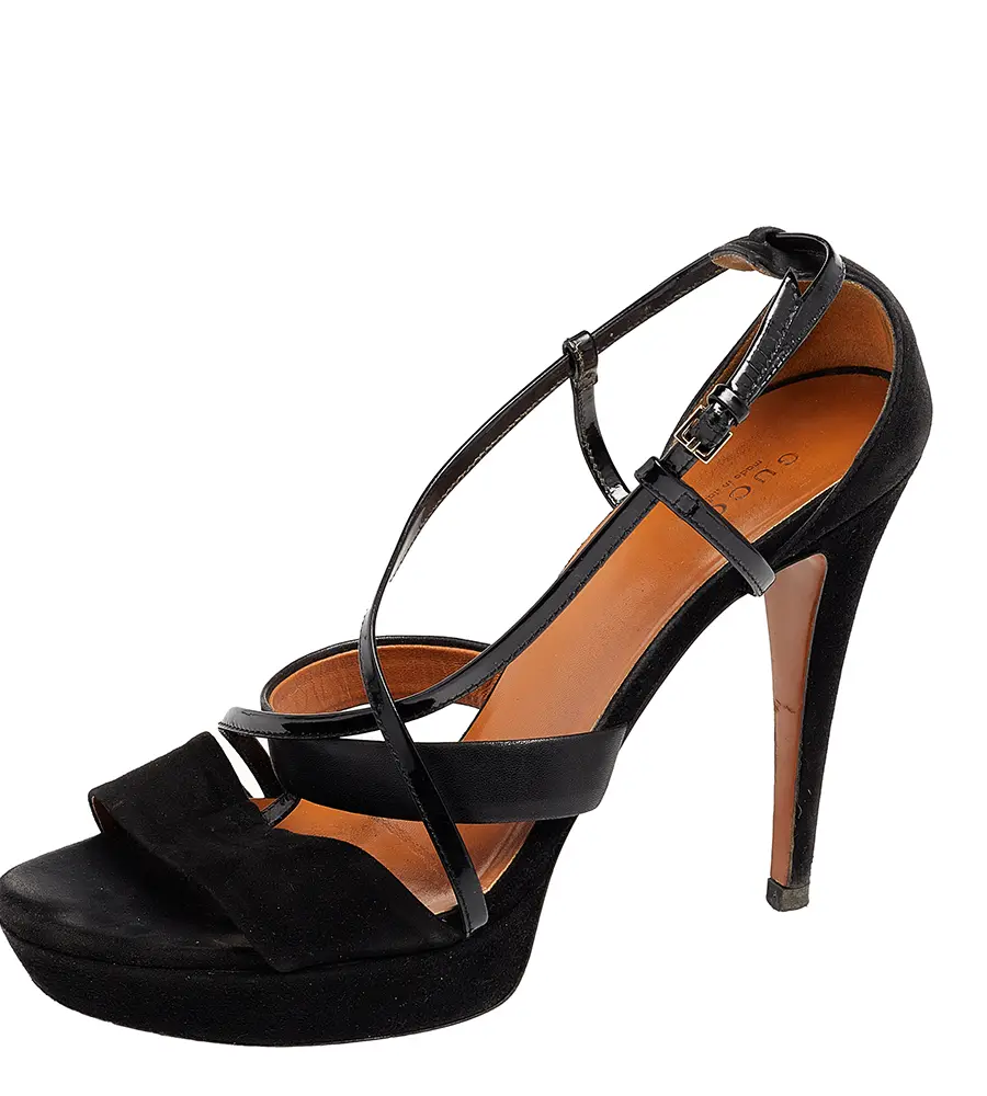 Gucci Black Suede And Patent Leather Platform Ankle Strap Sandals Size 39.5