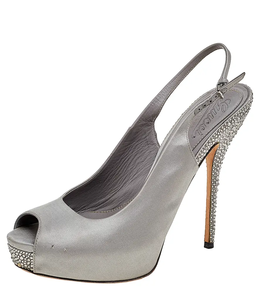 Gucci Grey Satin Peep Toe Platform Crystal Embellished Slingback Sandals Size 39