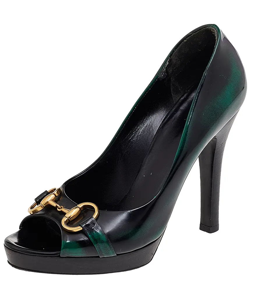 Gucci Black/Green Leather Horsebit Peep Toe Pumps Size 39