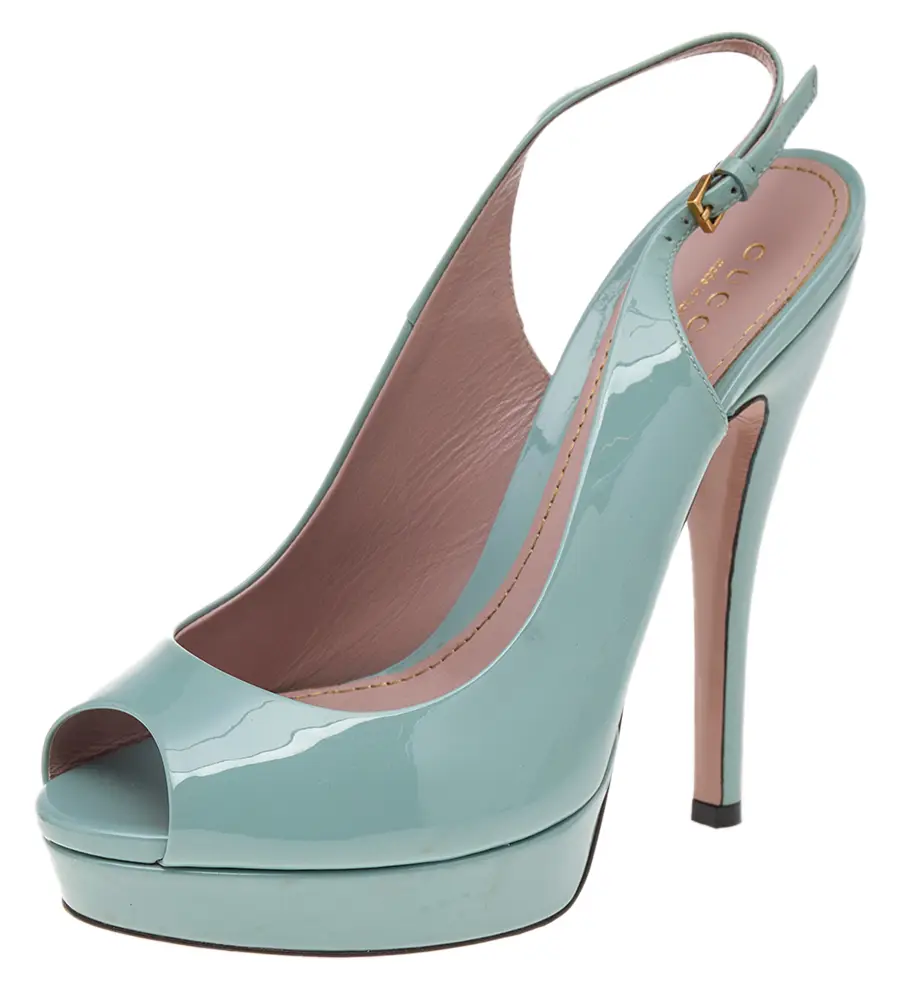 Gucci Green Patent Leather Peep Toe Slingback Sandals Size 37.5