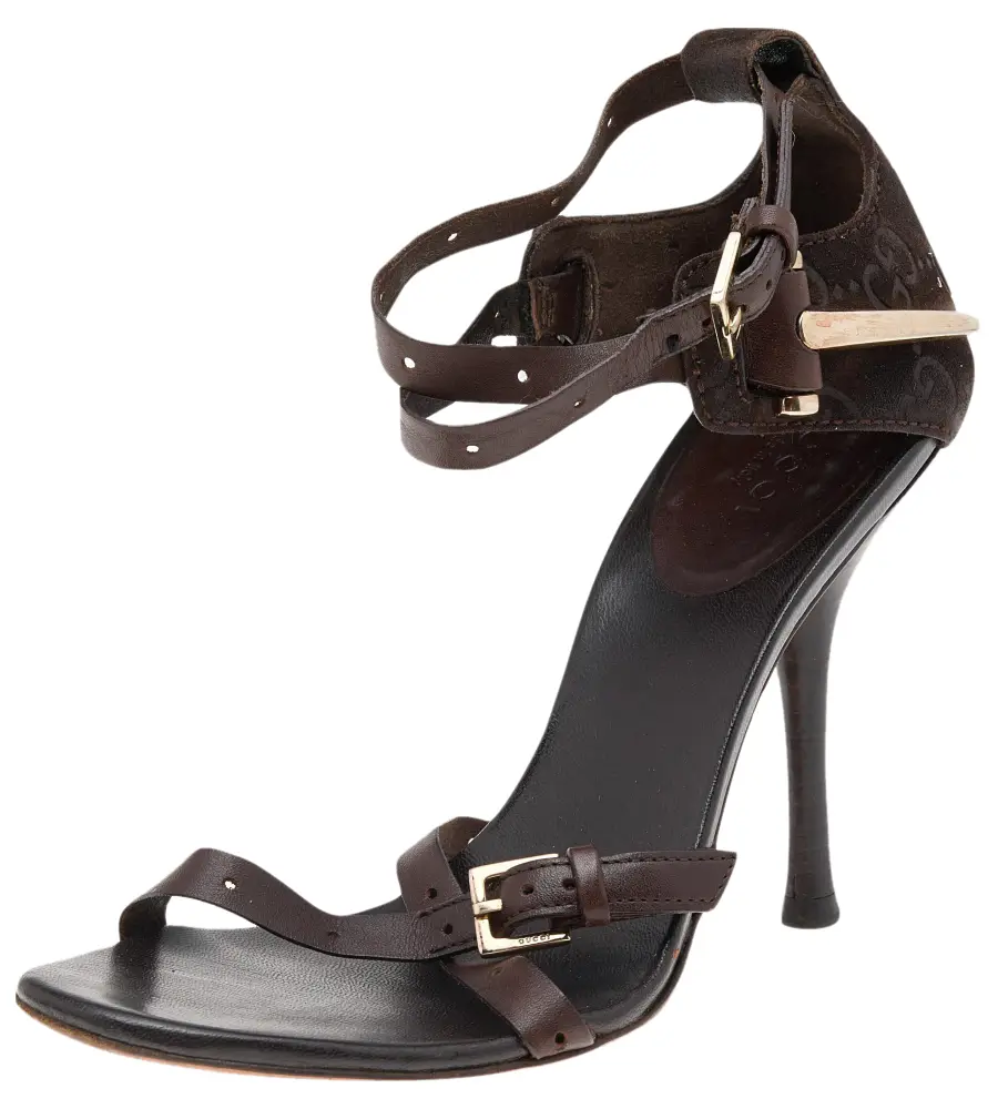 Gucci Brown Guccissima Suede And Leather Ankle Strap Sandals Size 34