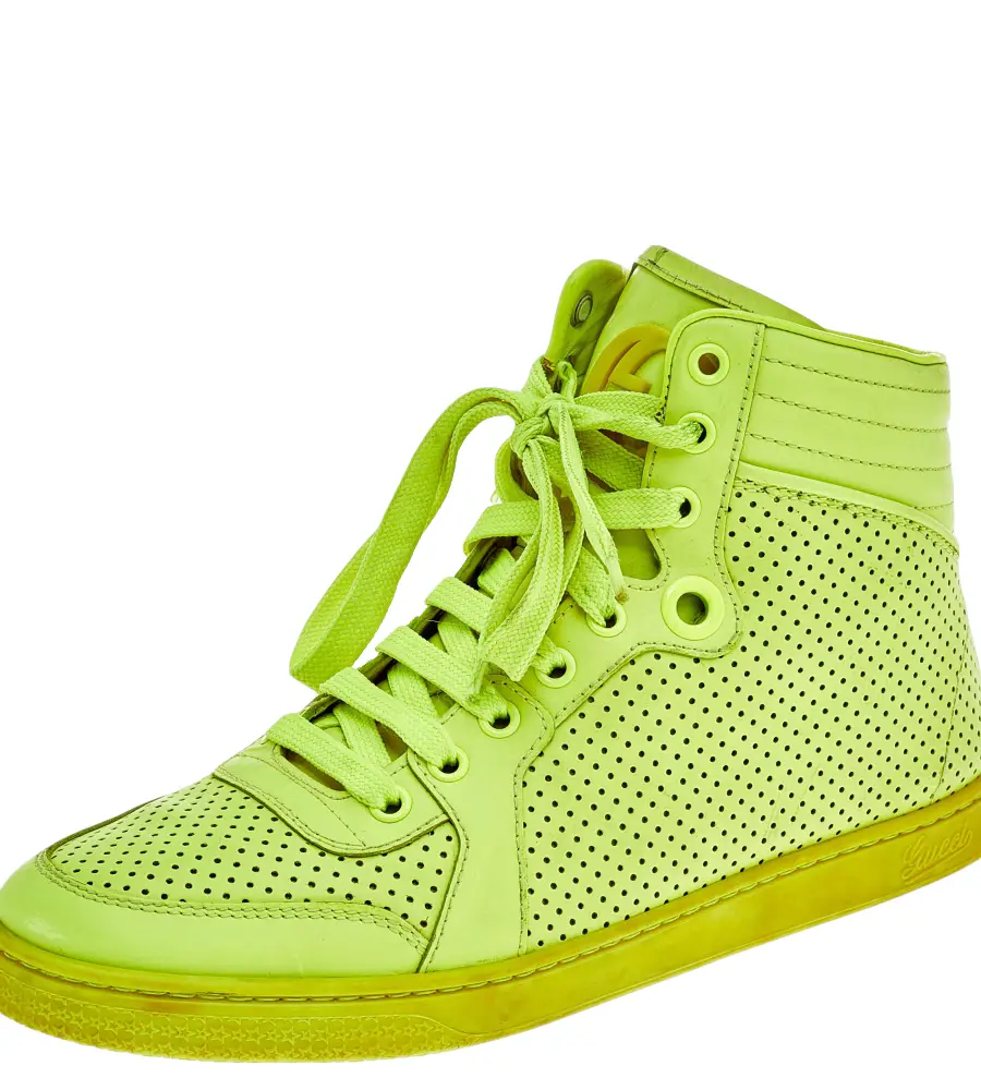 Gucci Neon Green Perforated Leather Lace Up High Top Sneakers Size 38.5