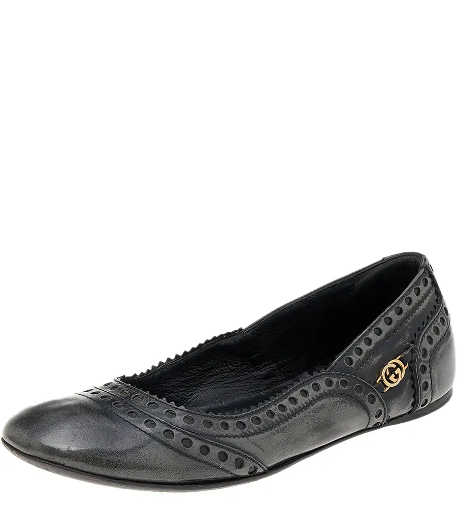 Gucci Black/Grey Brogue Leather Ballet Flats Size 35.5