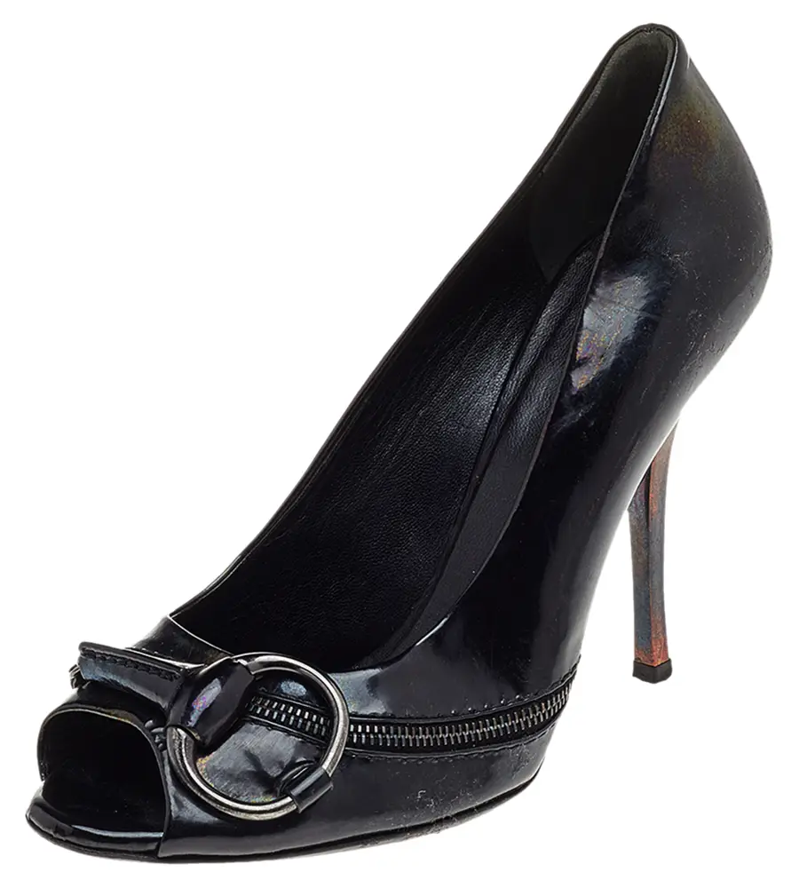 Gucci Black Patent Leather Horsebit Peep Toe Pumps Size 38