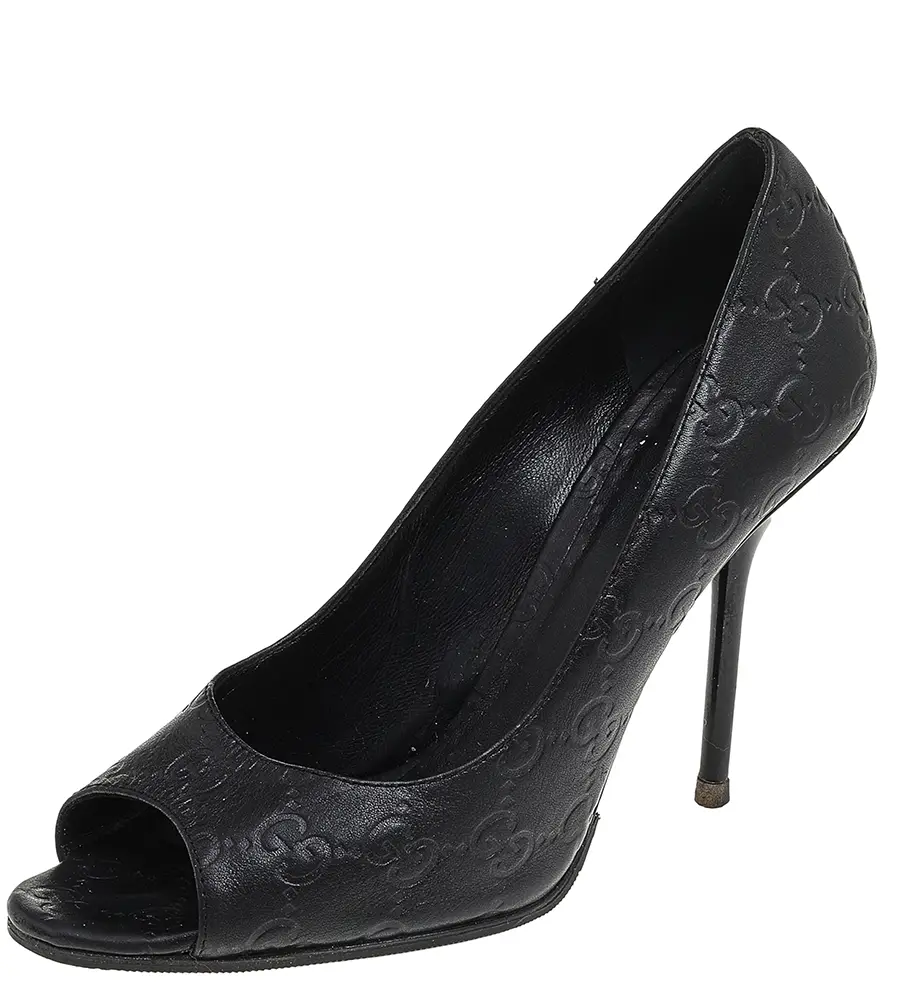 Gucci Black Guccissima Leather Peep Toe Pumps Size 38