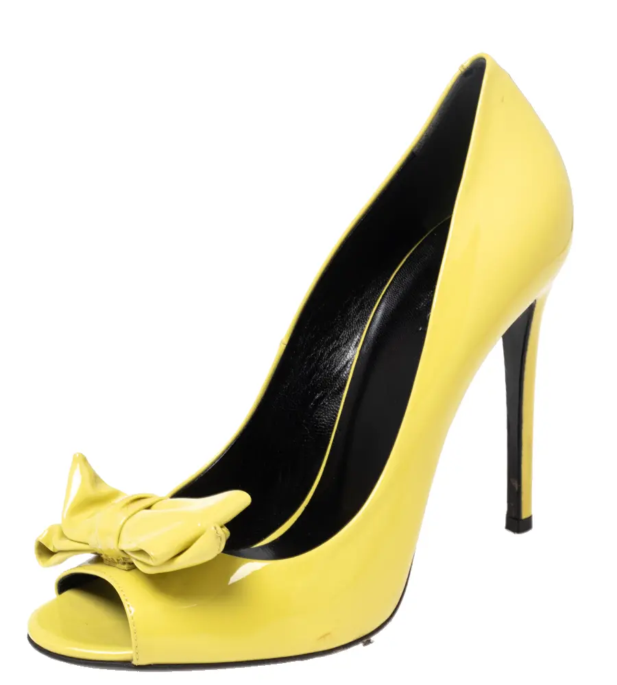 Gucci Yellow Patent Clodine Peep Toe Bow Pumps Size 38