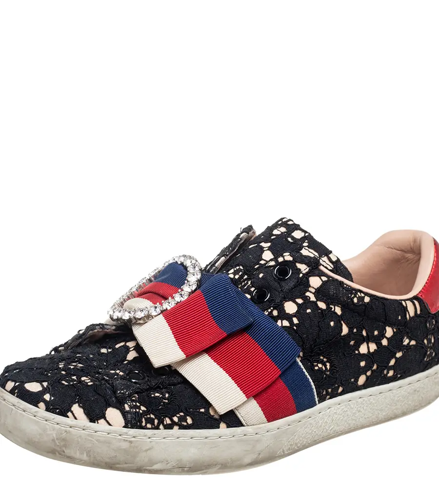 Gucci Black Lace Ace Web Crystal Embellished Slip On Sneakers Size 34.5