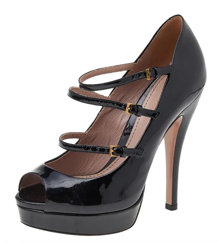 Gucci Black Patent Leather Multi Strap Lisbeth Platform Pumps Size 35.5