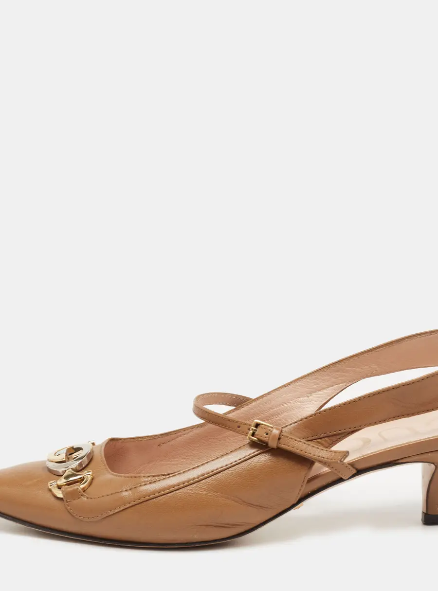 Gucci Brown Leather Interlocking G Horsebit Zumi Slingback Pumps Size 36.5