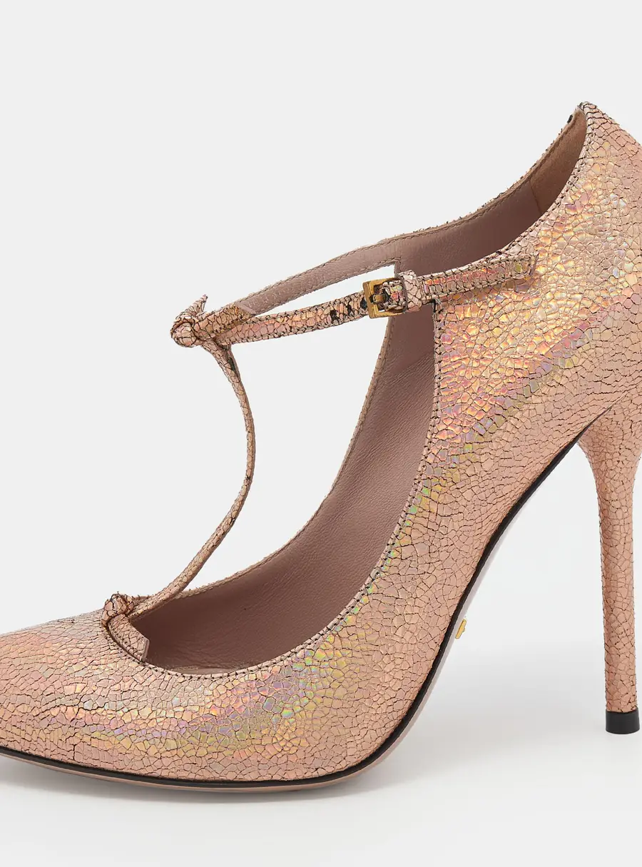 Gucci Metallic Holographic Crackled Leather Beverly T-Strap Pumps Size 37