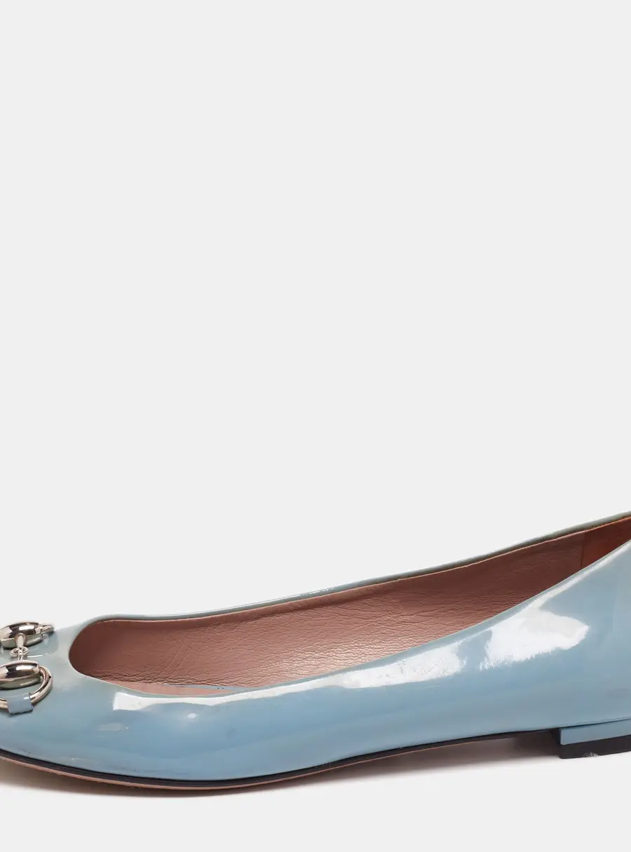 Gucci Grey Patent Leather Horsebit Peep Toe Ballet Flats Size 36.5