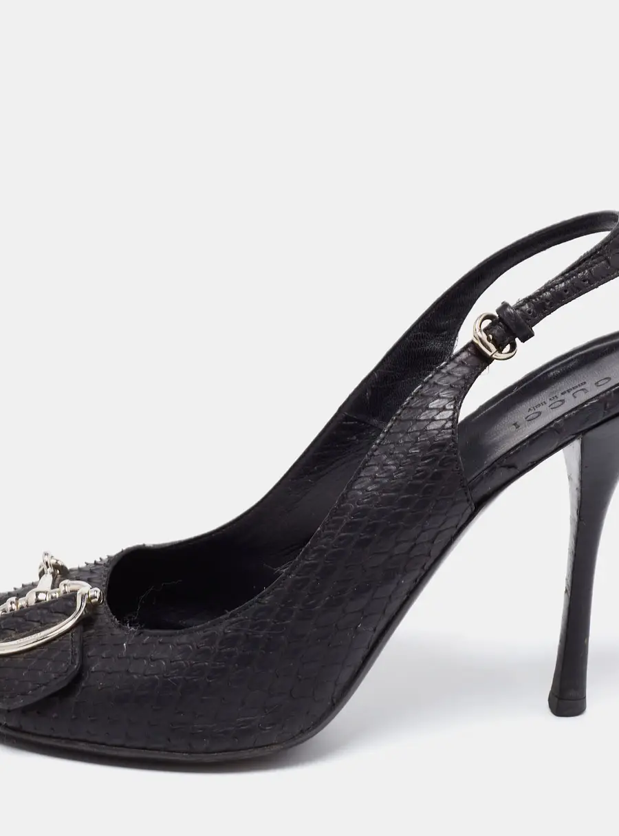 Gucci Black Python Leather Icon Bit Peep-Toe Slingback Sandals Size 39.5