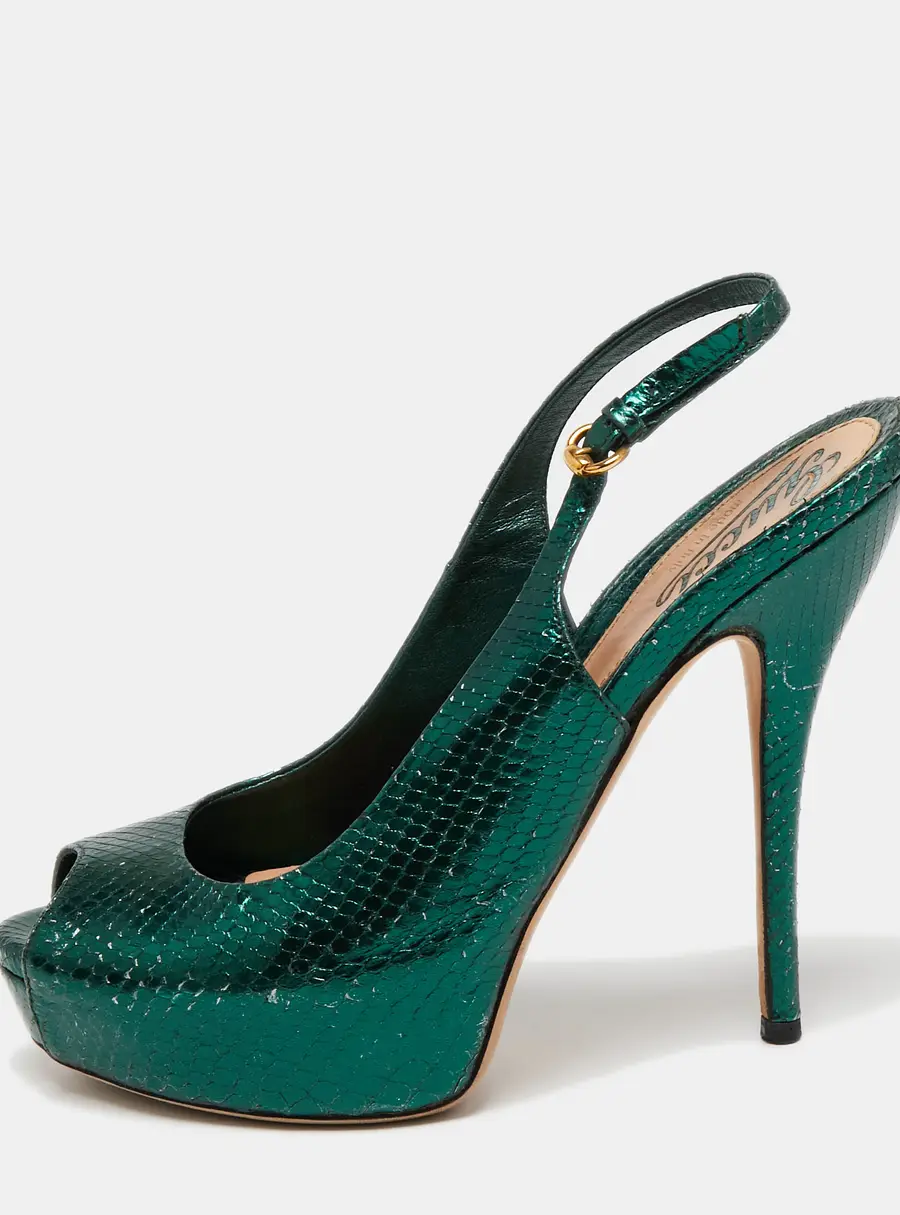 Gucci Metallic Green Snakeskin Embossed Leather Sofia Platform Slingback Sandals Size 36.5