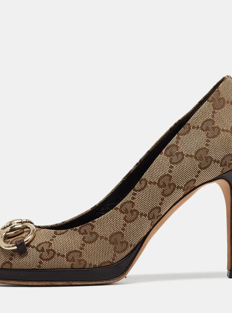 Gucci Brown/Beige Canvas Horsebit Peep Toe Pumps Size 37